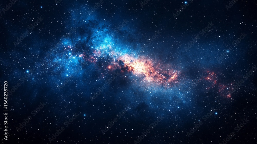 Fototapeta premium A breathtaking cosmic display showcases a galaxy filled with brilliant hues of blue and orange. Stars twinkle in the serene darkness, highlighting the beauty of the universe at night