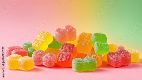 A vibrant pile of colorful jelly candies sits on a pink surface against a pastel gradient background perfect for advertisements or food blogs showcasing delicious sugary treats.