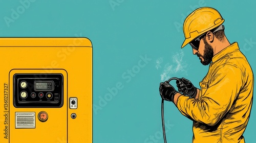 Male Worker Inspecting Electrical Cables Near a Yellow Generator