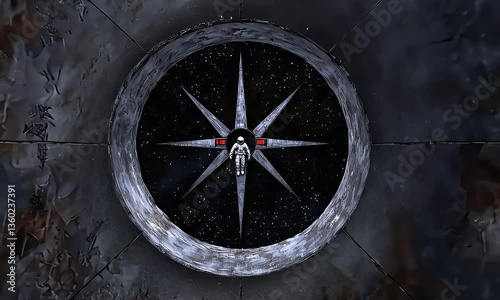Astronaut floating inside a space gate. A gateway to stars and the dark sky beyond. Space travel with portal opening