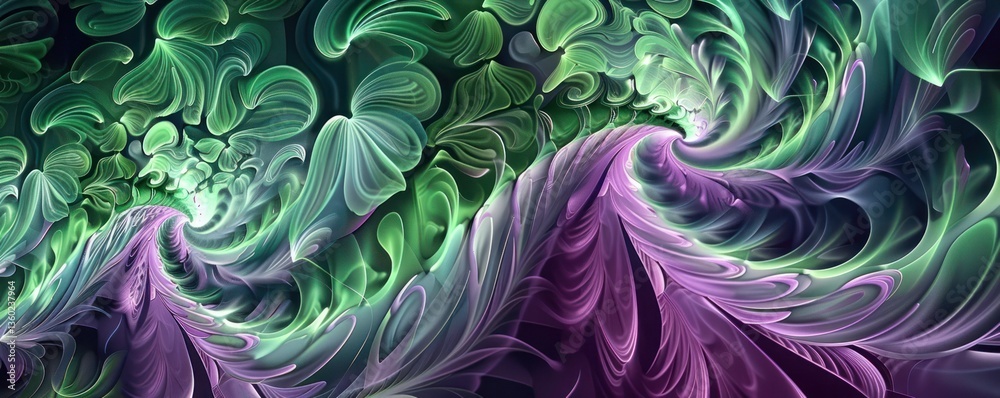 Obraz premium Green purple abstract fantasy dynamic curve wave backgrounds colors ornate striped textured design element repetition illustration modern shape glowing horizontal illuminated.