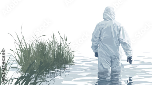 The image shows the back of a person wearing a white protective suit wading in shallow, murky water. The water level reaches approximately mid-calf.  To the left, a clump of tall, green reeds or