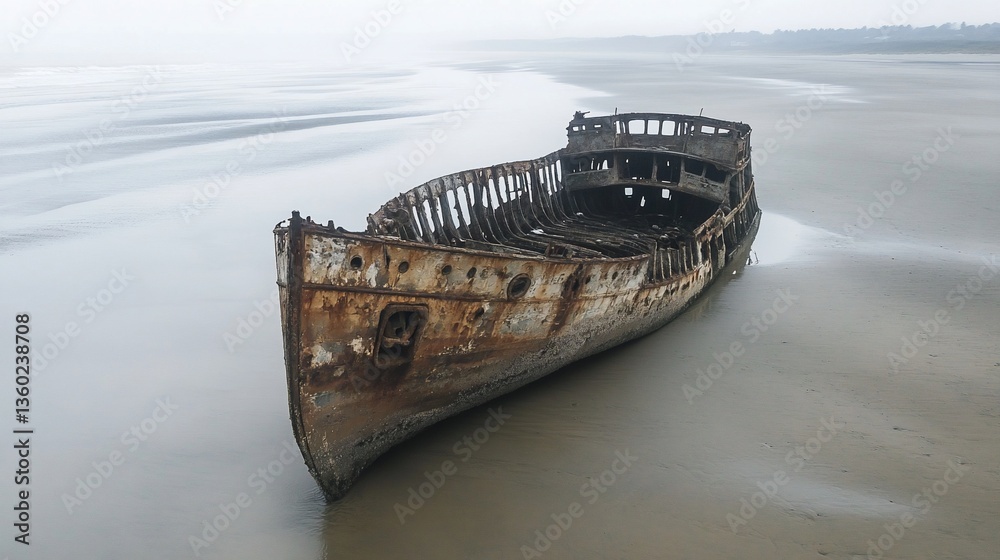 Fototapeta premium Rusty shipwreck on foggy beach, low tide reveals remains; coastal landscape photo