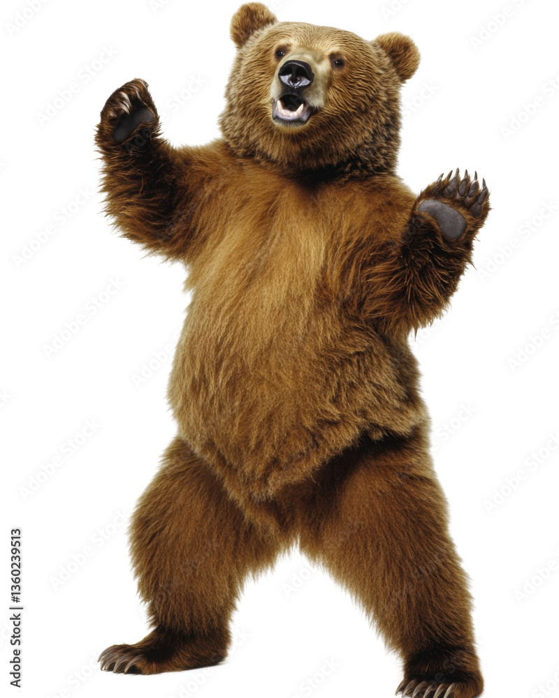 Obraz premium Brown bear standing on hind legs with paws raised and mouth open on transparent background