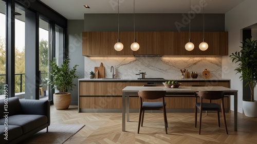 Elegant modern kitchen with wooden cabinets, marble backsplash, and dining area. Features bright lighting, plants, and a comfortable sofa