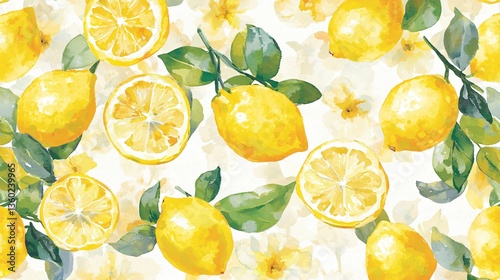 Vibrant watercolor lemon pattern with leaves, flowers, and sliced citrus. Fresh, summery