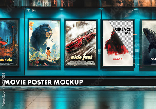 Movie posters mockup template in cinema interior