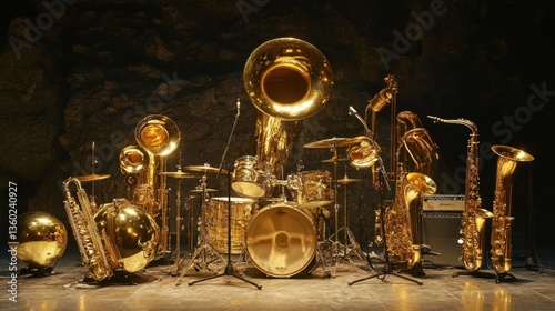 Golden brass instruments and drums set up in a dark room.