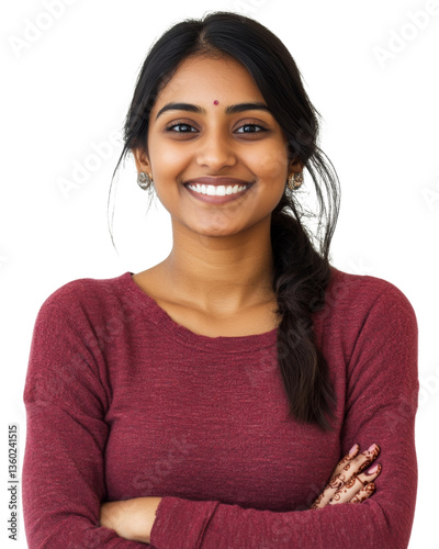 Portrait of smiling young indian woman with folded arms on transparent background