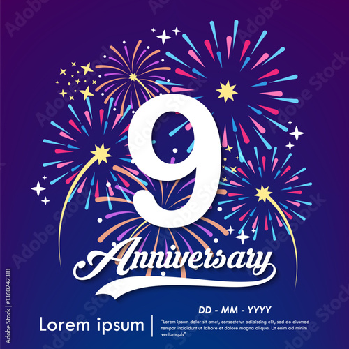 9th years anniversary celebration emblem. Happy anniversary logo with fireworks, sparkle, twinkle and stars. vector illustration template for web, flyers, poster, invitation card, greeting card	