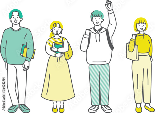 仲間に手を振る男女の大学生友達グループのイラスト素材　呼びかけ