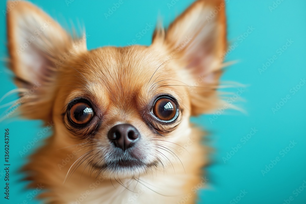 Fototapeta premium A charming close-up of a Chihuahua showcasing its bright eyes and fluffy ears against a teal backdrop.