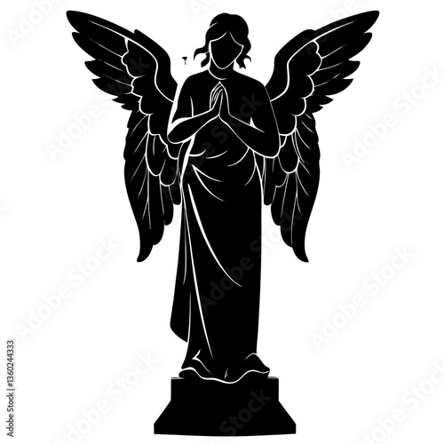 A graveyard angel statue with cracked wing silhouette vector illustration 
