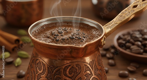 Steaming Turkish Coffee in an Ornate Copper Pot