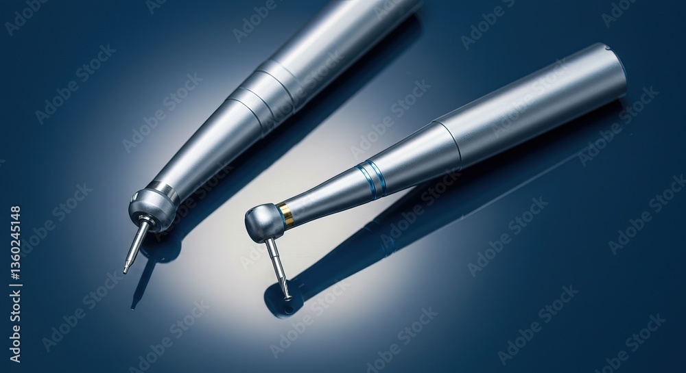 Close up of two dental handpieces on a dark blue reflective surface, equipment, healthcare, dental, tool, medical, clinic, instrument Close up of two dental handpieces on a dark blue reflective surface, equipment, healthcare, dental, tool, medical, clinic, instrument
