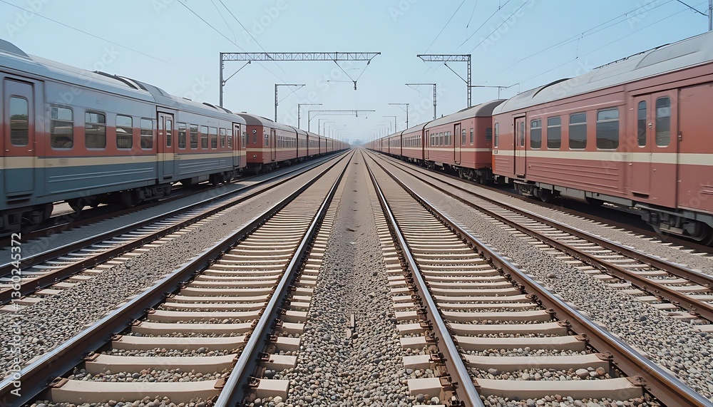 Awaiting Departure: Two parallel passenger trains stand ready, their carriages gleaming under a bright sun, poised for journeys on the horizon. Awaiting Departure: Two parallel passenger trains stand ready, their carriages gleaming under a bright sun, poised for journeys on the horizon.
