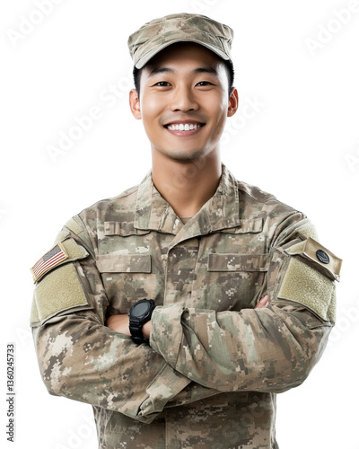 Portrait of smiling soldier with crossed arms on transparent background