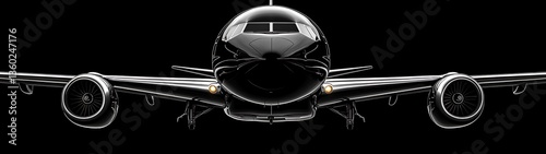 A sleek black jet plane is centered against a dark background