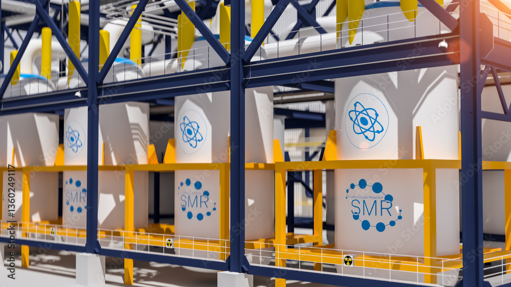 concept of a SMR small modular nuclear reactor power plant on a sunny day. SMR is a future energy concept. 3d rendering.