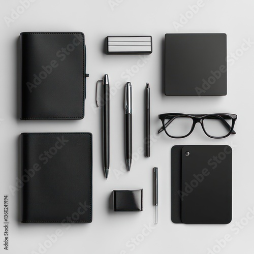 Assorted black office supplies.  A collection of black leather-bound notebooks, pens, glasses, and other office accessories laid out on a white surface