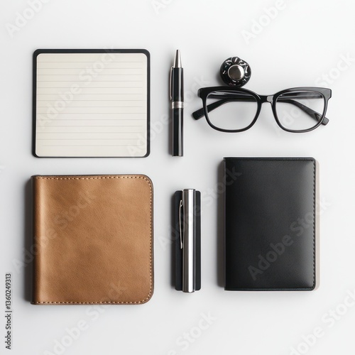 Organized workspace essentials,  featuring a notepad, pen, eyeglasses, wallet, and a small lockable case