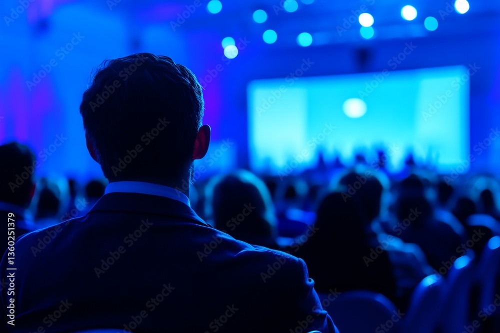 Attending Business Conference with Person Silhouette Focus and Blue Lighting