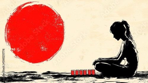 Silhouette Girl Playing with Red Blocks Against a Textured Red Circle
