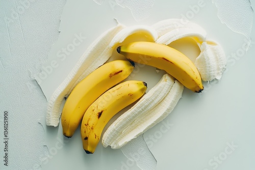Several ripe bananas with some already partially peeled open
