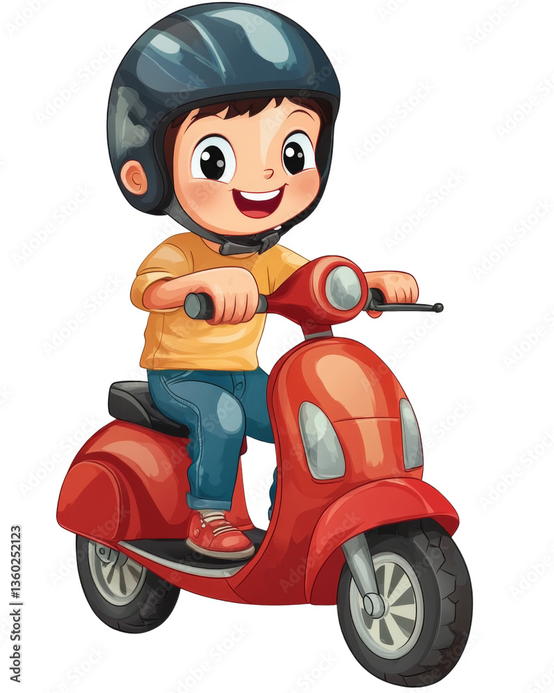 Happy child riding red scooter wearing helmet on transparent background Happy child riding red scooter wearing helmet on transparent background