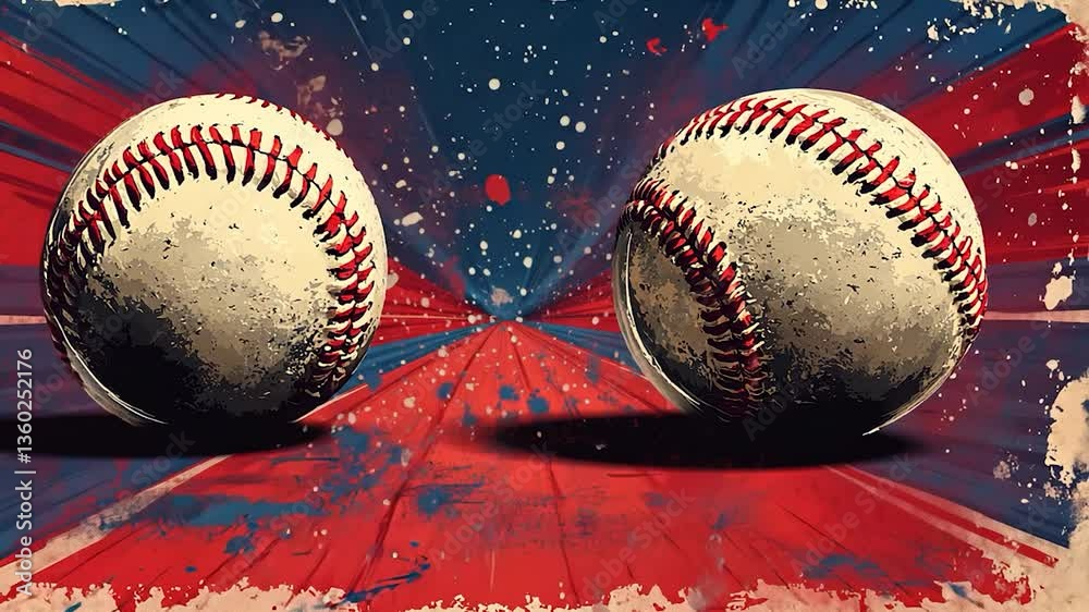 Two vintage baseballs on a dynamic background with splashes of color