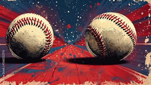 Two vintage baseballs on a dynamic background with splashes of color
