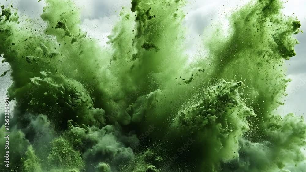 Vibrant green explosion of powder against a dramatic cloudy sky