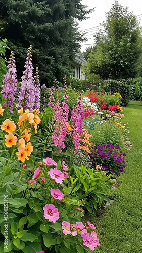 Wallpaper Mural Vibrant garden filled with blooming flowers in various colors, lush greenery, and a serene home backdrop Torontodigital.ca