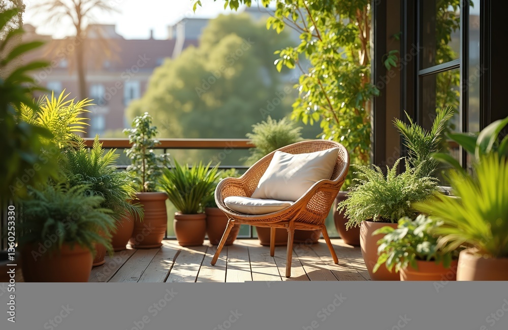 Obraz premium Cozy balcony terrace with wooden floor chair, green plants and potted flowers. Relaxing urban home area. Sunny stylish terrace in city apartment. Summer, cozy lifestyle.