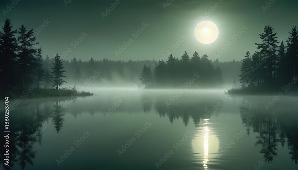 Fototapeta premium A serene moonlit night over a misty reflective lake
