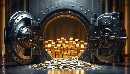 Exploring wealth money vault heist city bank digital art cyberpunk environment high angle treasure of gold