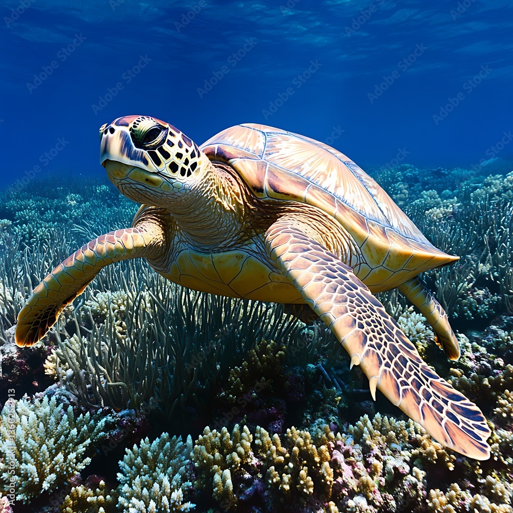 Obraz premium Sea Turtle Gracefully Swimming Coral Reef Habitat (1)