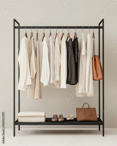Minimalist clothing rack with various apparel and accessories