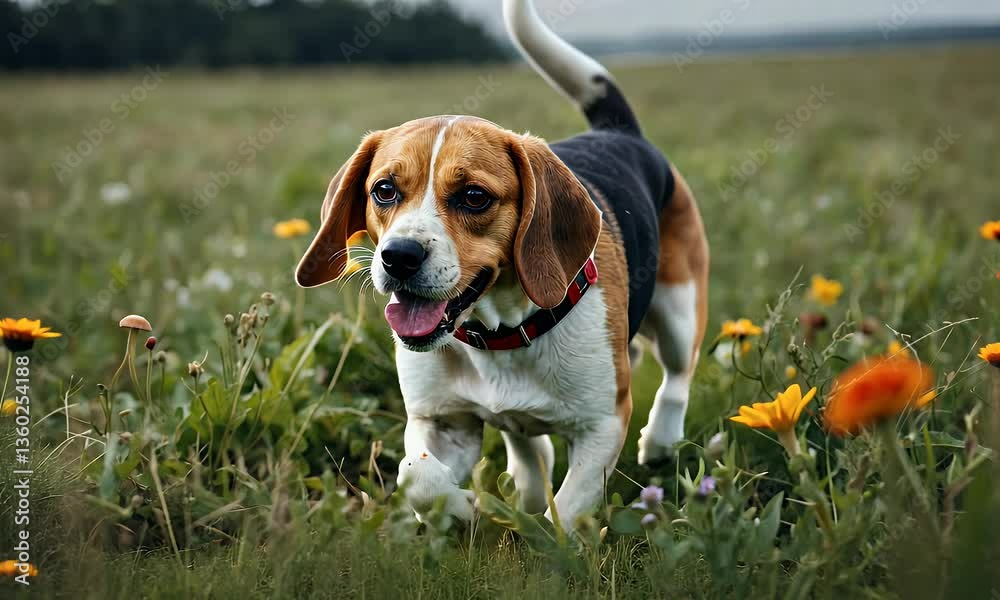 A playful beagle dog running through a field of wildflowers, showcasing joy and nature's beauty. A playful beagle dog running through a field of wildflowers, showcasing joy and nature's beauty.