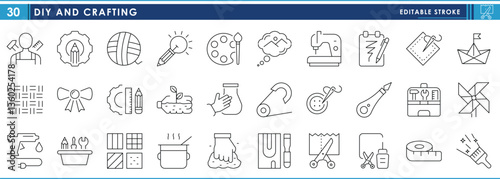A set of line icons related to DIY and Crafting. Craftsman, fabric, knitting, glue, tools, wooden, needle, waste management, glue, and so on. Vector editable stroke.