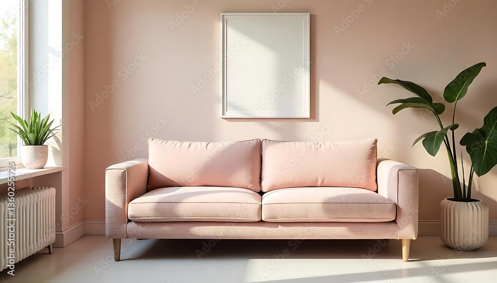 Fototapeta premium An inviting interior with a sofa plants and a framed picture