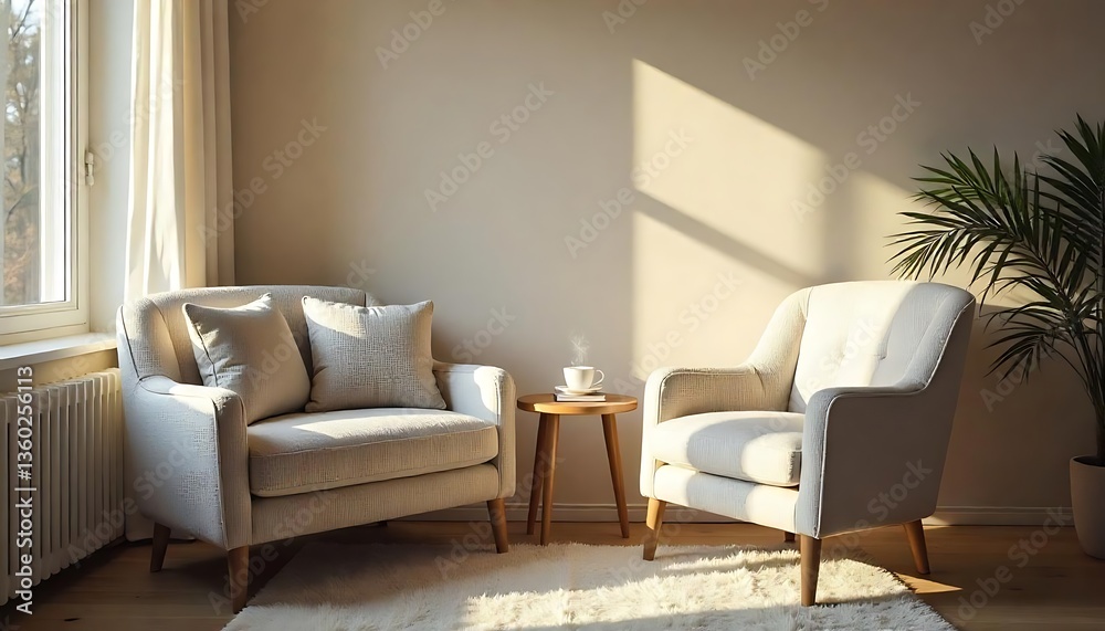 Fototapeta premium Two comfortable armchairs in a sunlit and cozy interior space