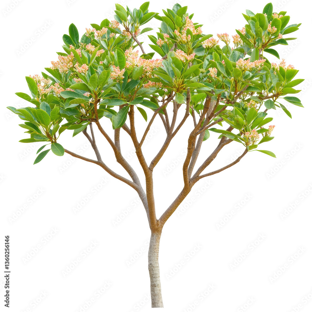 Obraz premium Vibrant flowering tree with lush green leaves, set against a clear blue sky