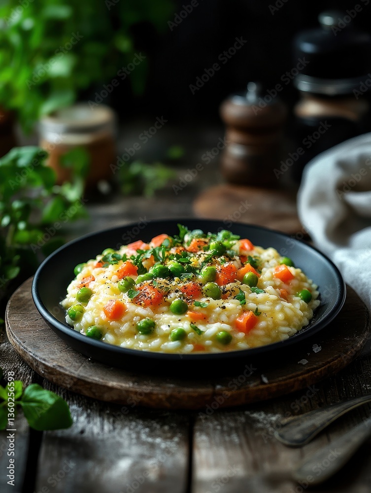 Creamy Risotto with Fresh Vegetables and Herbs on Rustic Wooden Table Surrounded by Nature and Kitchen Decor Creamy Risotto with Fresh Vegetables and Herbs on Rustic Wooden Table Surrounded by Nature and Kitchen Decor