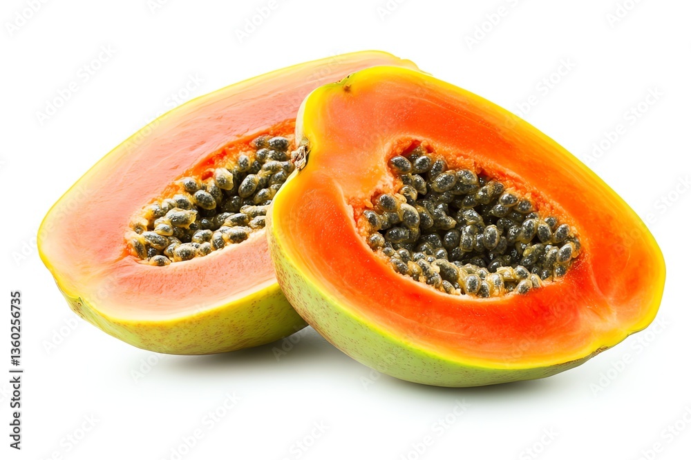 Sliced Papaya Fruit Halves with Seeds on White Background Close-up Sliced Papaya Fruit Halves with Seeds on White Background Close-up
