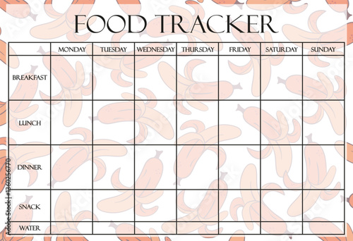 Food tracker set icon. Banana-themed background with grid for logging meals and water intake daily across the week, designed for nutrition planning.