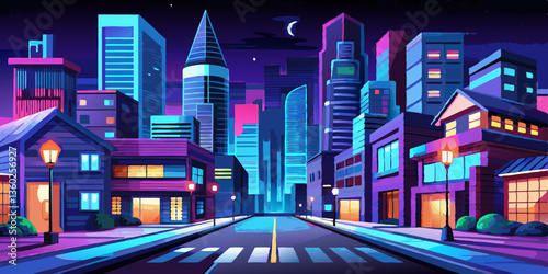 City streets come alive at night, showcasing a mix of modern skyscrapers and charming houses illuminated by bright lights. A serene atmosphere fills the air as the city bustles