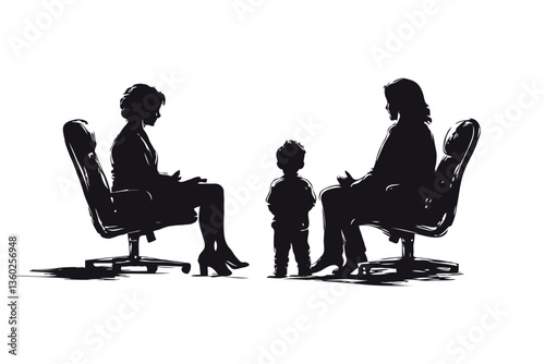 Family therapy session with parents and child, silhouette style, on white background, concept of counseling. Concept of psychotherapy session