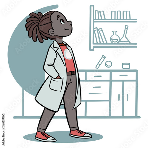 A young black girl with dreadlocks stands proudly in a medical lab, wearing a lab coat over a casual outfit, surrounded by scientific tools and shelves filled with lab equipment