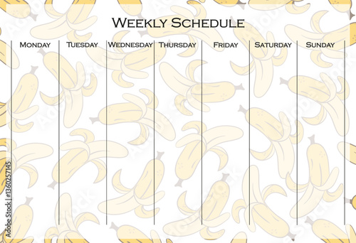 Weekly schedule set icon. Banana pattern with vertical daily layout for planning tasks throughout the week in a bright and playful design.